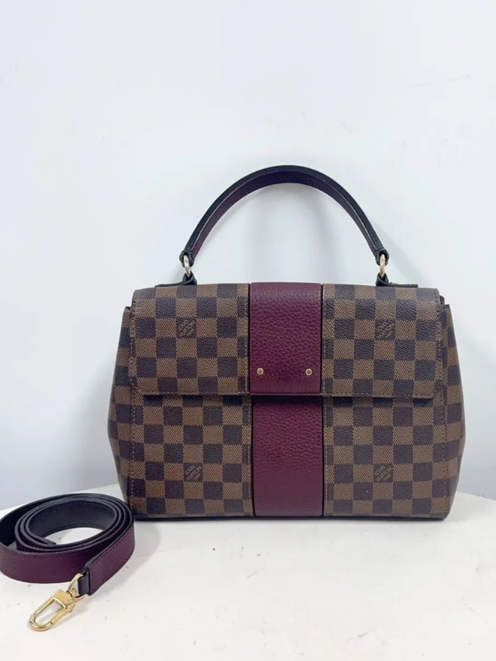 Louis Vuitton Checkered Satchel with Burgundy Accent